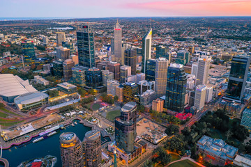 Perth, Australia - Mar 04 2020: The Perth City skyline during dawn. Perth is the capital of Western...