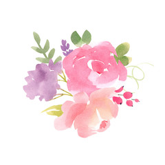 Beautiful bouquet composition with watercolor pink abstract flowers, leaves and berries. Stock illustration.