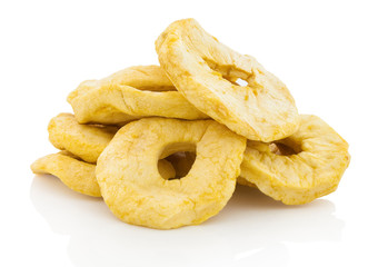 Pile of bio dried apple rings. Isolated on white background with shadow reflection. With clipping path. With vector path. Organic deied apples. Naturally dried apples on white bg.