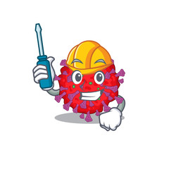 Smart automotive coronavirus particle presented in cartoon character design