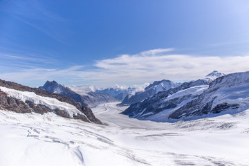 Obraz premium Great Aletsch glacier and Bernese Alps and jungfrau snow mountain peak with blue sky background view from Jungfraujoch top of Europe, Switzerland