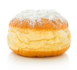 Homemade deep fried doughnut filled with jelly. In slovak: "šiška". In german: "Krepfen". Sprinkled with powdered sugar. Isolated on white background. With clipping path. With vector path.