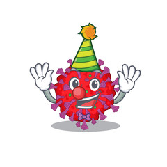 Cute and Funny Clown coronavirus particle cartoon character mascot style