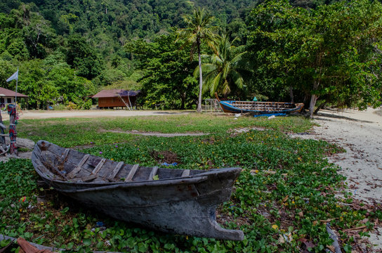 rowboat used by the moken, Old boat in moken village, Surin Island, Thailand