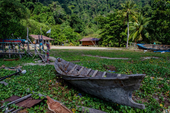 rowboat used by the moken, Old boat in moken village, Surin Island, Thailand