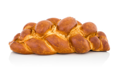 Fancy bread in slovak called: Vianocka. Sweet leavened bread with raisins inside. Easter bread on white bg. Isolated on white background with shadow reflection. With clipping path. With vector path.