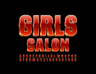 Vector bright ligo Girls Salon. Stylish Red and Golden Alphabet Letters and Numbers and Symbols. Elegant 3D Font.