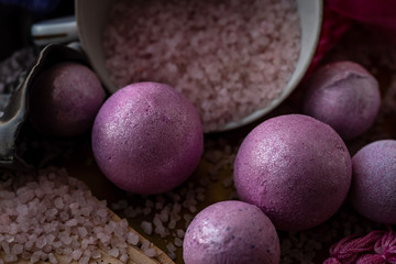 pink bath bombs and bath salts still life