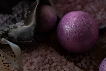 pink bath bombs and bath salts still life