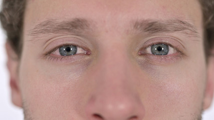 Close up of Blinking Eyes of Young Man on White Background