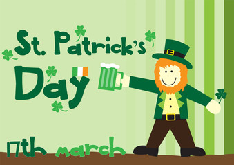 Saint Patrick Cartoon character stand and holding a green beer glass and shamrock plant with "St. Patrick's Day" and "17th March" green color wording on light background in vector design.