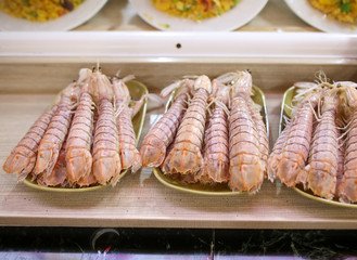 Fresh sea prawns on a counter