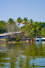 Fototapeta na wymiar River side view with coconut tree and house in alleppey. Kerala 