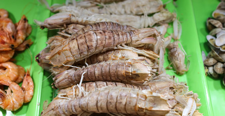 Fresh sea prawns on a counter