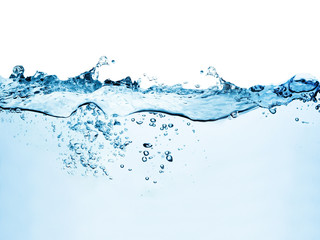 blue water surface with splash, waves and air bubbles on white background