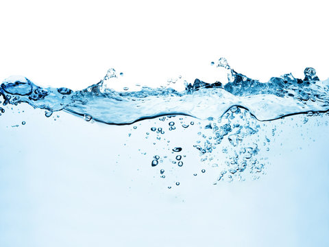 blue water surface with splash, waves and air bubbles on white background