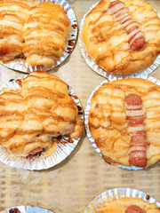 A lot of donuts cake bun cookies and sweet dessert and egg tart in food course and supermarket 