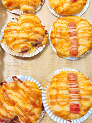 A lot of donuts cake bun cookies and sweet dessert and egg tart in food course and supermarket 