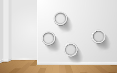 white circle shelf and showcase in the white room