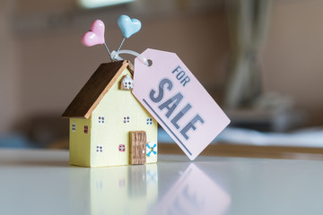 Home for sale and real estate mortgage concept: DIY little house model with tag paper 