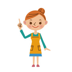 指差しをするエプロン姿の主婦