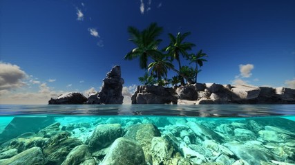 Split view cross section of sea water and palm trees on Island. Rocks underwater in transparent clear water, cloudy sky above