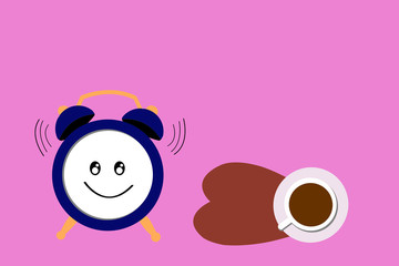 Vintage alarm clock and coffee cup with heart shadow ,coffee time concept