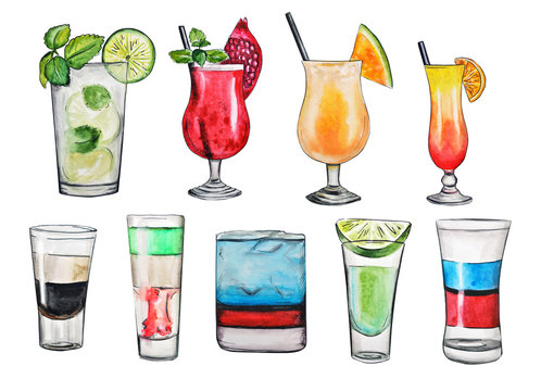  watercolor illustration. alcoholic drinks. Beautiful vibrant tropical cocktails. isolated on a white background. famous cocktails.