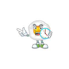 cartoon character style of cheerful fried egg with clock