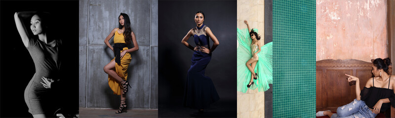Fototapeta premium Collage Group Portrait of 20s Asian Woman presents many poses, dress, expression, feeling, location, bikini, gown, beach, full length, face, fashion, casual, isolated, smile, strong.