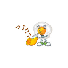 Fried egg cartoon character playing music with a trumpet