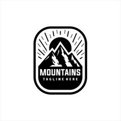 Mountains logo emblem vector illustration. Outdoor adventure expedition, mountains silhouette shirt, print stamp. Vintage typography badge design.