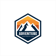 Mountains logo emblem vector illustration. Outdoor adventure expedition, mountains silhouette shirt, print stamp. Vintage typography badge design.