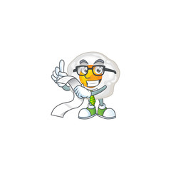 cartoon character of fried egg holding menu on his hand