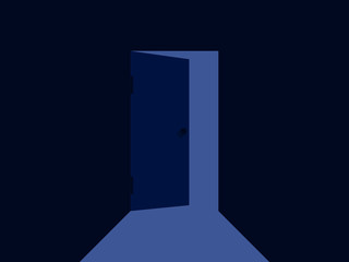 Light from the open door. Blue color. Door is open inward. Vector illustration