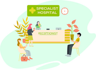 Fototapeta premium illustration of a dentist receptionist with patients suitable for wallpaper, background, banner, cover, flyer, card, ui design, ux design. Flat cartoon vector illustration