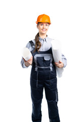 Woman builder with engineering drawings in her hands smiling. Isolated