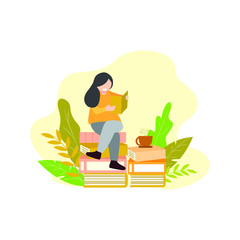 Cartoon illustration of a woman who loves books are sitting on stacks of books relaxing while reading a book. Flat illustration vector design concept suitable for background, wallpaper, banner, cover
