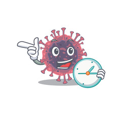 Cheerful microbiology coronavirus cartoon character style with clock