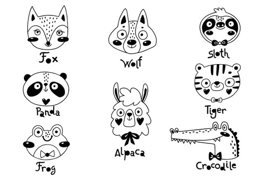 Avatars funny animal faces Sloth Tiger Wolf Alpaca Frog Panda Fox Crocodile. Vector illustration