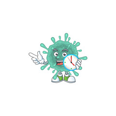 cartoon character style of cheerful coronaviruses with clock