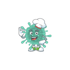 A picture of coronaviruses cartoon character wearing white chef hat
