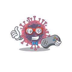 Cool gamer of microbiology coronavirus mascot design style with controller