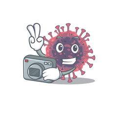 Microbiology coronavirus mascot design as a professional photographer with a camera