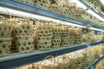 Packaging of chicken eggs on supermarket shelves. Asian food