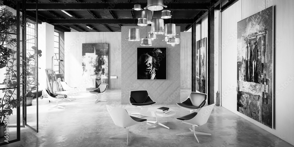 Canvas Prints project of a contemporary art & exibition gallery - panoramic black and white 3d visualization