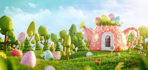Unusual colorful easter 3d illustration - obrazy, fototapety, plakaty