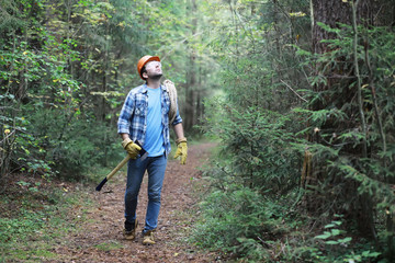 Male lumberjack in the forest. A professional woodcutter inspects trees for felling.