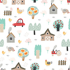 Summer seamless pattern with farm, trees, flowers. Europe nature landscape concept. Perfect for kids fabric, textile, nursery wallpaper. Seamless landscape.