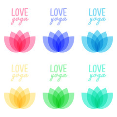 set of different colored handwritten slogan love yoga and lotus flowers, cute cartoon logo, editable vector illustration for decoration, banner, poster, stickers, print